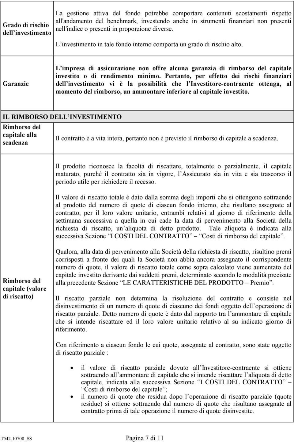 Garanzie L impresa di assicurazione non offre alcuna garanzia di rimborso del capitale investito o di rendimento minimo.