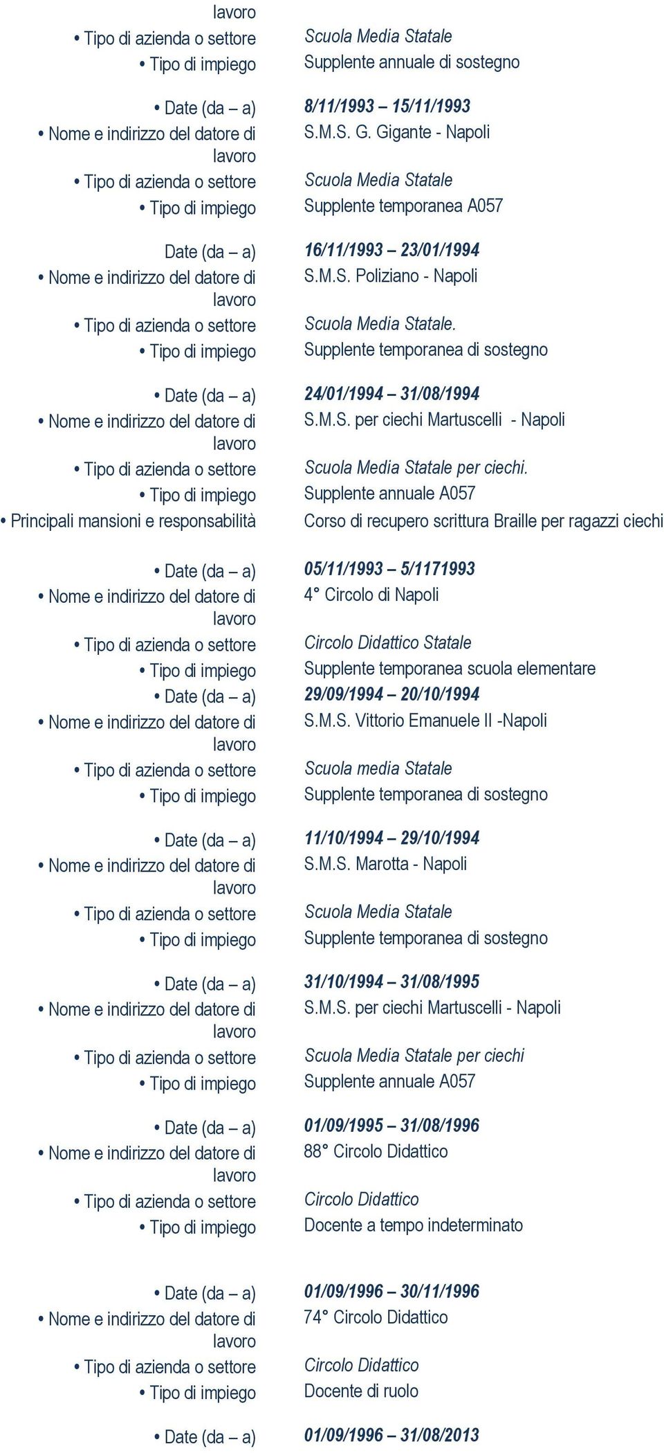 Supplente annuale A057 Corso di recupero scrittura Braille per ragazzi ciechi 05/11/1993 5/1171993 4 Circolo di Napoli Circolo Didattico Statale Supplente temporanea scuola elementare 29/09/1994