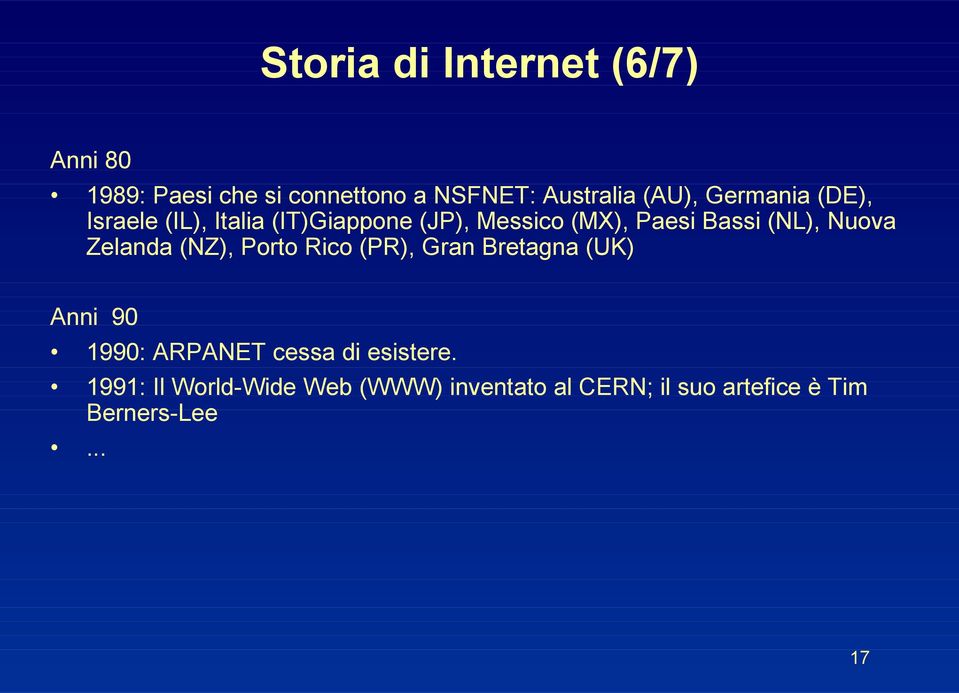 Nuova Zelanda (NZ), Porto Rico (PR), Gran Bretagna (UK) Anni 90 1990: ARPANET cessa di