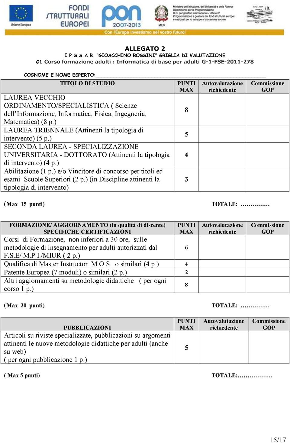 Informazione, Informatica, Fisica, Ingegneria, Matematica) (8 p.) LAUREA TRIENNALE (Attinenti la tipologia di intervento) (5 p.