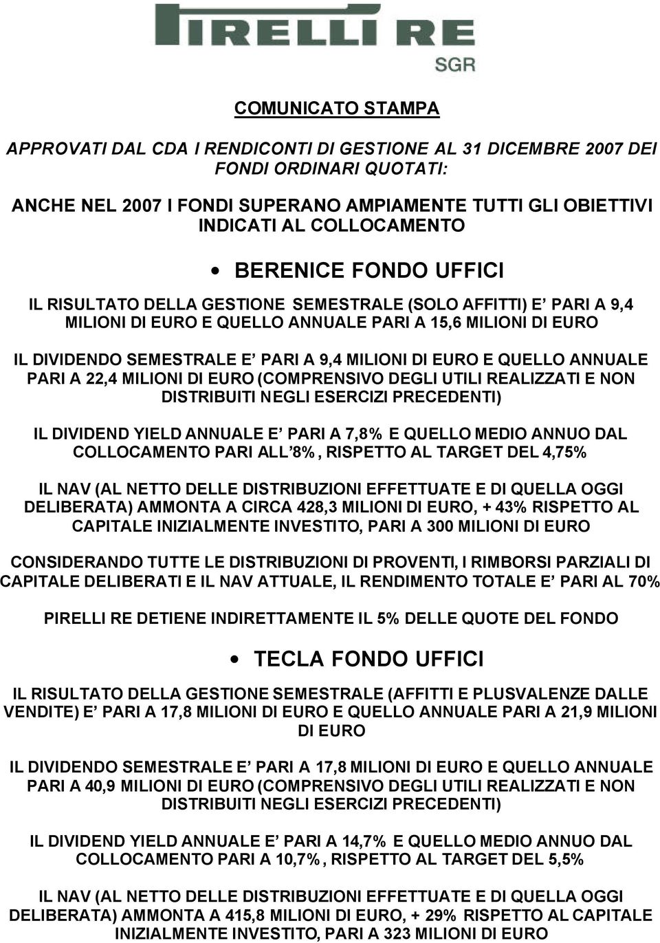 EURO E QUELLO ANNUALE PARI A 22,4 MILIONI DI EURO (COMPRENSIVO DEGLI UTILI REALIZZATI E NON DISTRIBUITI NEGLI ESERCIZI PRECEDENTI) IL DIVIDEND YIELD ANNUALE E PARI A 7,8% E QUELLO MEDIO ANNUO DAL