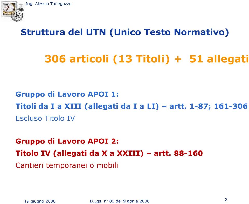 1-87; 161-306 Escluso Titolo IV Gruppo di Lavoro APOI 2: Titolo IV (allegati da X