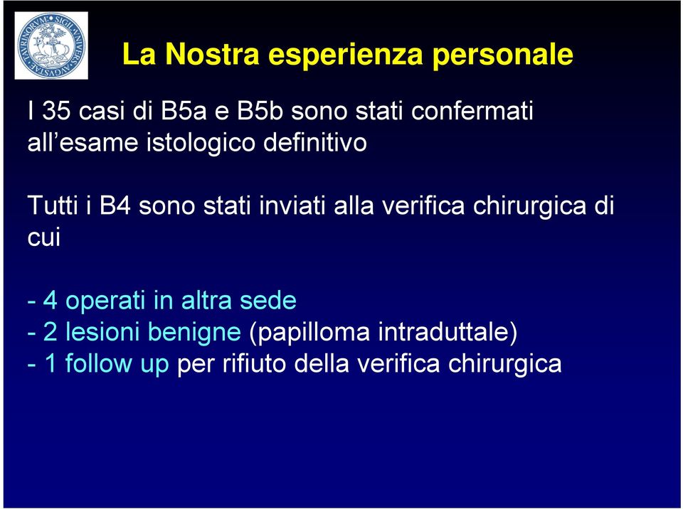 alla verifica chirurgica di cui - 4 operati in altra sede - 2 lesioni