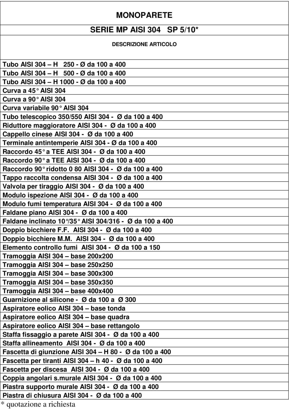 AISI 304 - Ø da 100 a 400 Raccordo 45 a TEE AISI 304 - Ø da 100 a 400 Raccordo 90 a TEE AISI 304 - Ø da 100 a 400 Raccordo 90 ridotto 0 80 AISI 304 - Ø da 100 a 40 0 Tappo raccolta condensa AISI 304