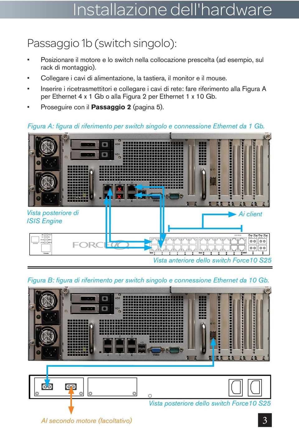 Inserire i ricetrasmettitori e collegare i cavi di rete: fare riferimento alla Figura A per Ethernet 4 x 1 Gb o alla Figura 2 per Ethernet 1 x 10 Gb. Proseguire con il Passaggio 2 (pagina 5).