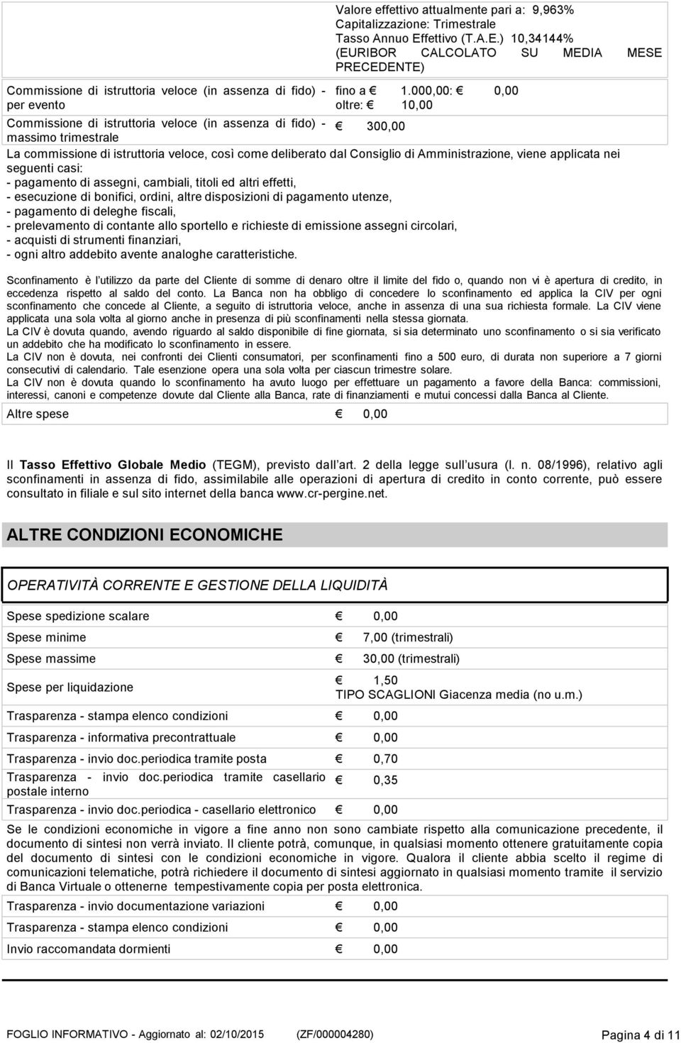 000,00: oltre: 10,00 Commissione di istruttoria veloce (in assenza di fido) - 300,00 massimo trimestrale La commissione di istruttoria veloce, così come deliberato dal Consiglio di Amministrazione,