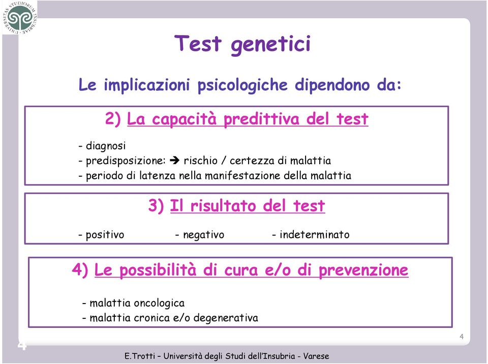 manifestazione della malattia 3) Il risultato del test - positivo - negativo - indeterminato