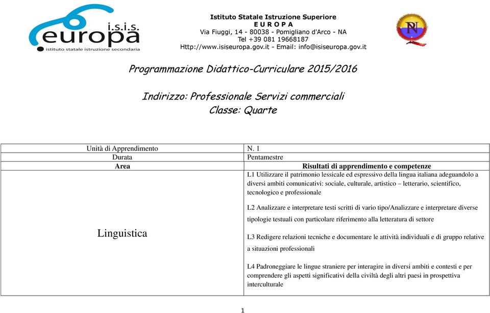 1 Durata Pentamestre Area Risultati di apprendimento e competenze L1 Utilizzare il patrimonio lessicale ed espressivo della lingua italiana adeguandolo a diversi ambiti comunicativi: sociale,