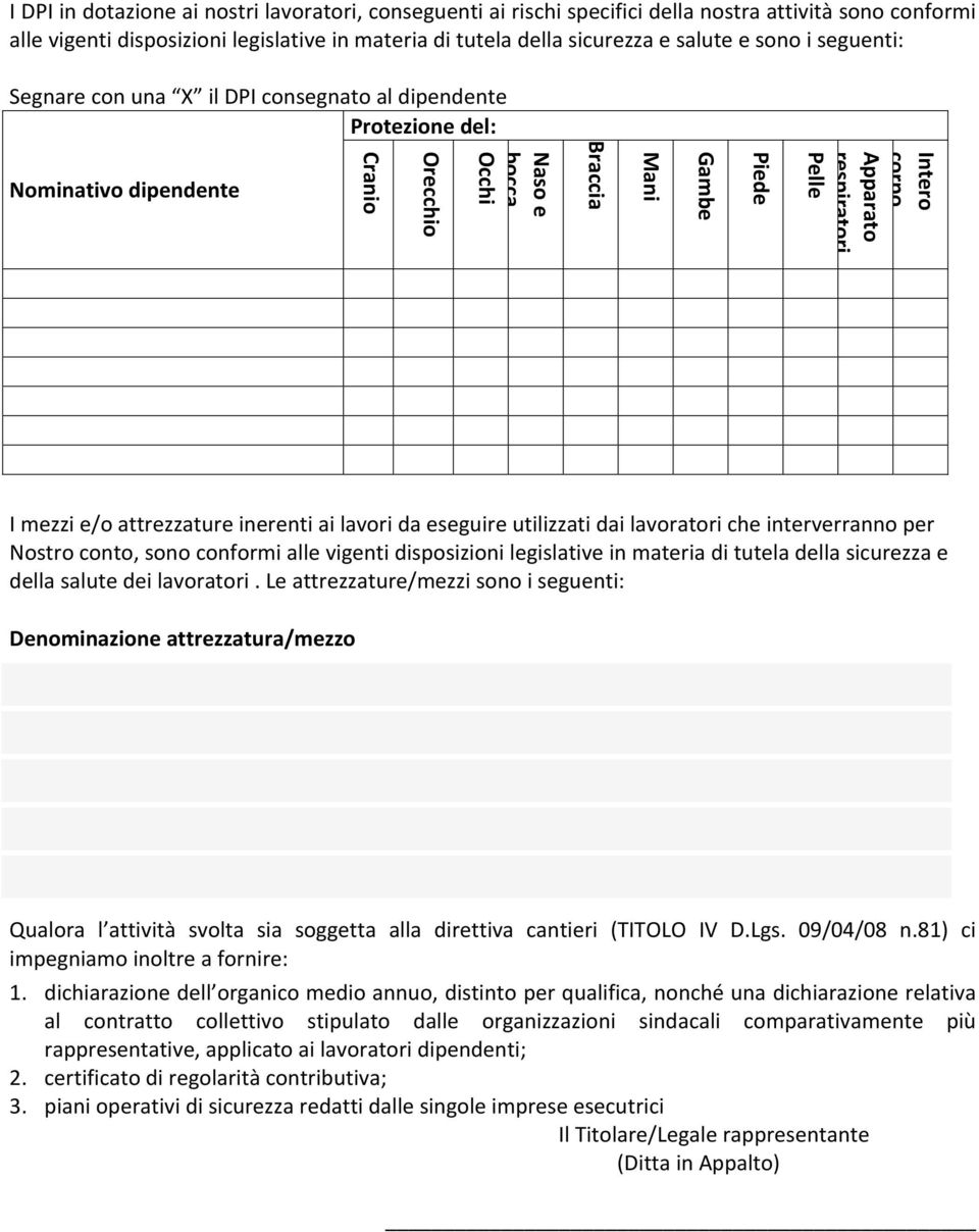 I mezzi e/o attrezzature inerenti ai lavori da eseguire utilizzati dai lavoratori che interverranno per Nostro conto, sono conformi alle vigenti disposizioni legislative in materia di tutela della