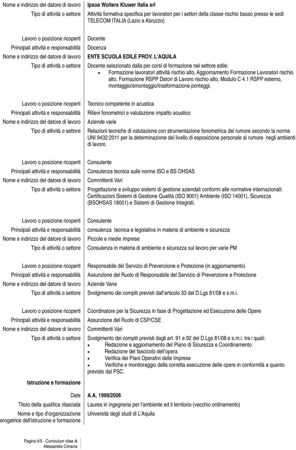 rischio alto, Modulo C 4.1 RSPP esterno, montaggio/smontaggio/trasformazione ponteggi.