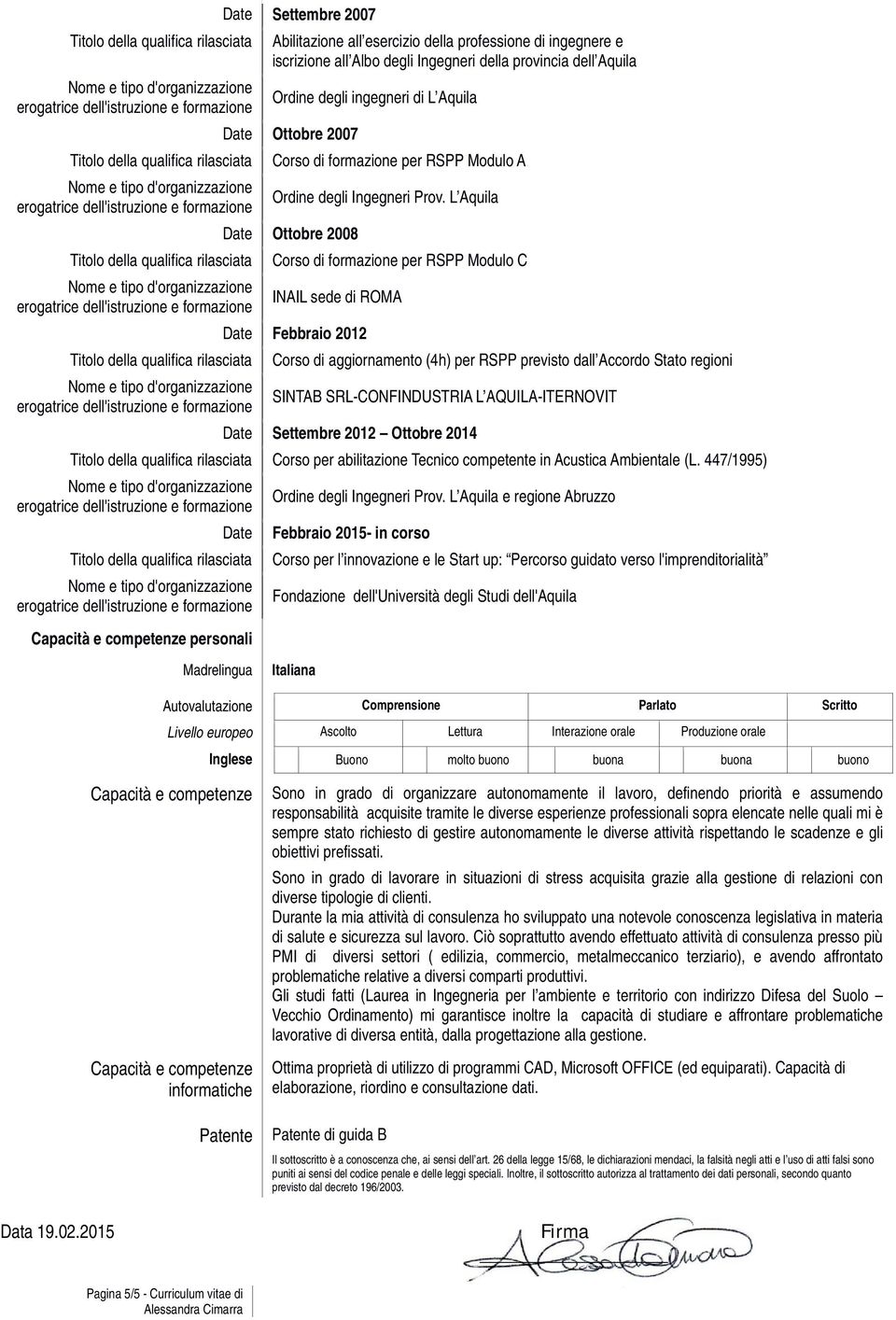 L Aquila Date Ottobre 2008 Corso di formazione per RSPP Modulo C INAIL sede di ROMA Date Febbraio 2012 Corso di aggiornamento (4h) per RSPP previsto dall Accordo Stato regioni SINTAB