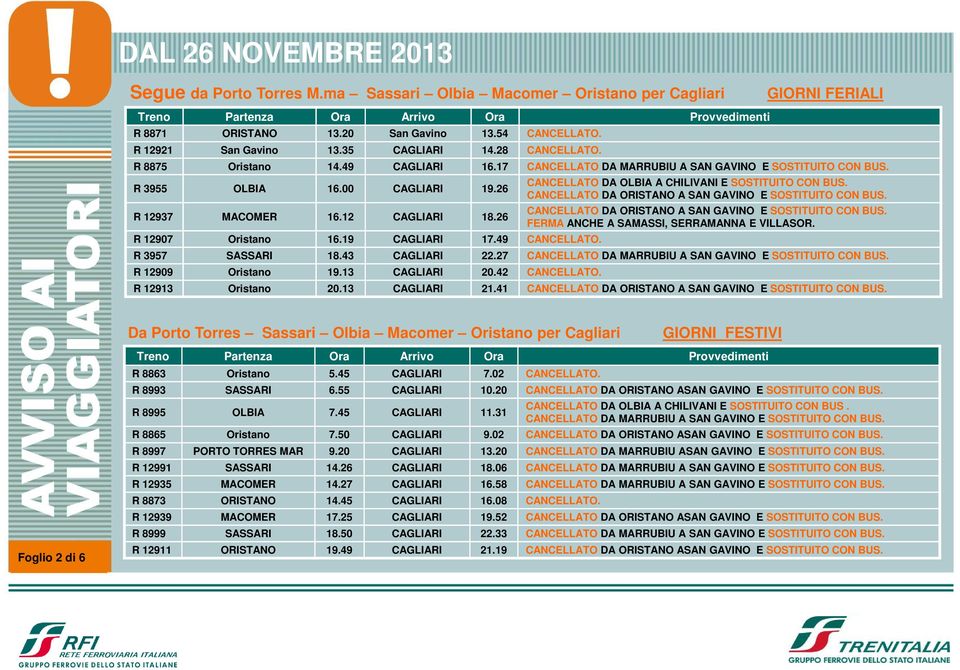 28 CANCELLATO. 16.17 CANCELLATO DA MARRUBIU A SAN GAVINO E SOSTITUITO CON BUS. 19.26 18.26 CANCELLATO DA OLBIA A CHILIVANI E SOSTITUITO CON BUS.