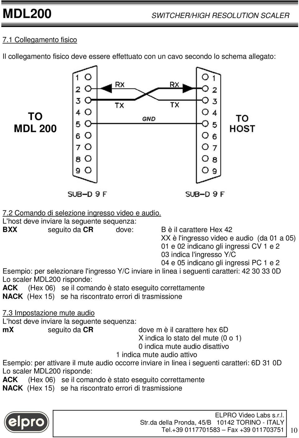 ingressi PC 1 e 2 Esempio: per selezionare l'ingresso Y/C inviare in linea i seguenti caratteri: 42 30 33 0D 7.