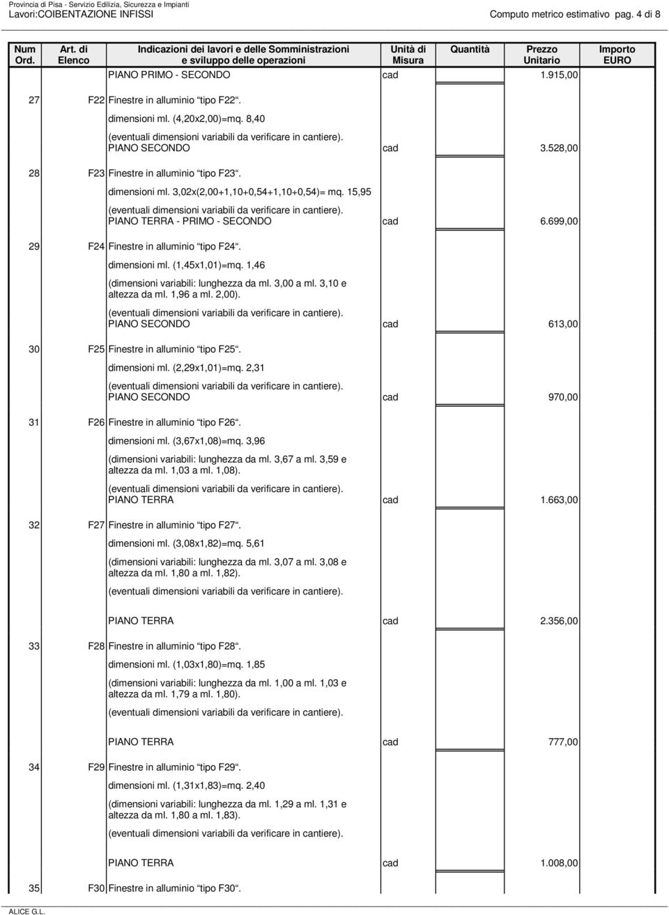 1,46 (dimensioni variabili: lunghezza da ml. 3,00 a ml. 3,10 e altezza da ml. 1,96 a ml. 2,00). PIANO SECONDO cad 613,00 30 F25 Finestre in alluminio tipo F25. dimensioni ml. (2,29x1,01)=mq.