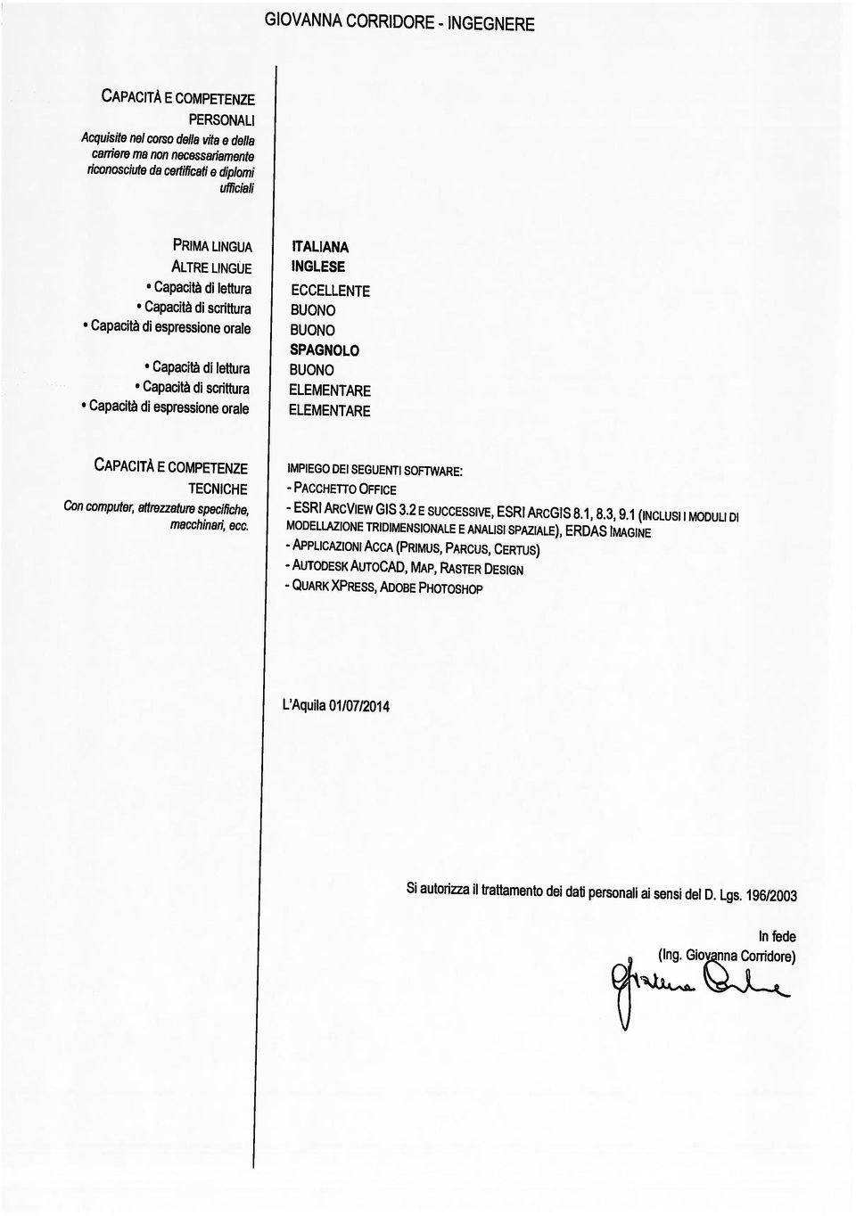 196/2003 L Aquila 01/07/2014 - QUARK XPRESS, ADOBE PHoTosr-IOP - AUT0DEsK AUT0CAD, MAP, RASTER DESION - APPLIcAzIONI ACcA (PRIMUs, PARCUS, CERTUs) macchinari, ecc.