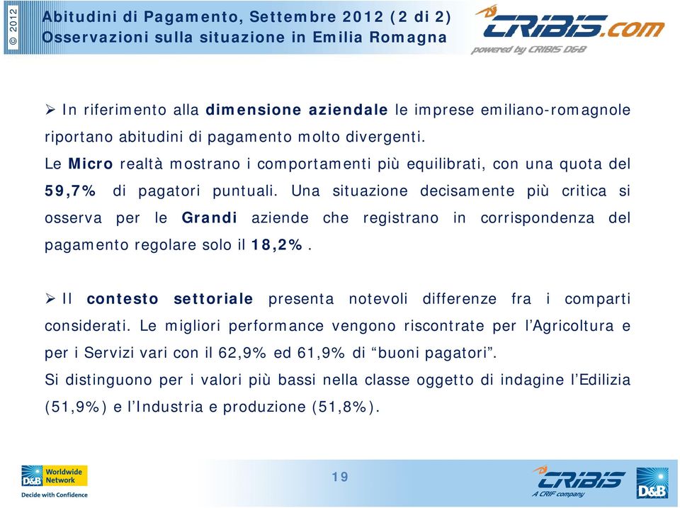 Una situazione decisamente più critica si osserva per le Grandi aziende che registrano in corrispondenza del pagamento regolare solo il 18,2%.