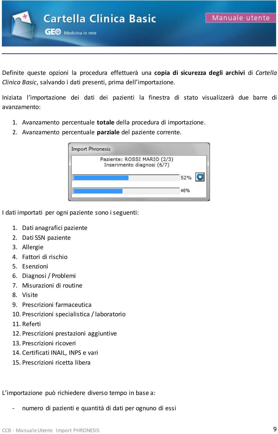 Avanzamento percentuale parziale del paziente corrente. I dati importati per ogni paziente sono i seguenti: 1. Dati anagrafici paziente 2. Dati SSN paziente 3. Allergie 4. Fattori di rischio 5.