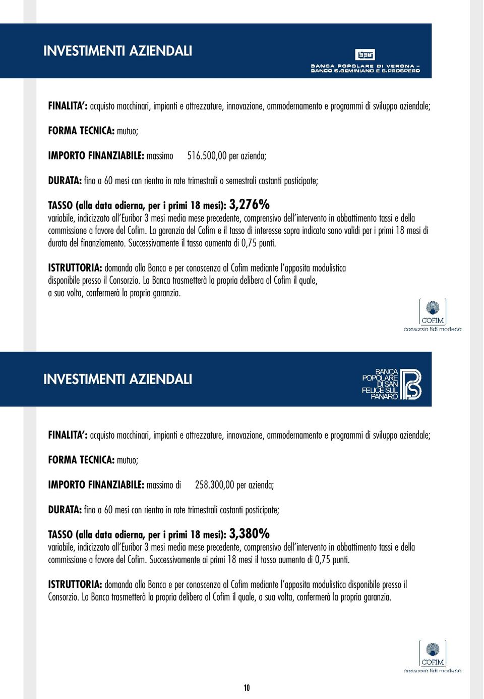 La garanzia del Cofim e il tasso di interesse sopra indicato sono validi per i primi 18 mesi di durata del finanziamento. Successivamente il tasso aumenta di 0,75 punti.