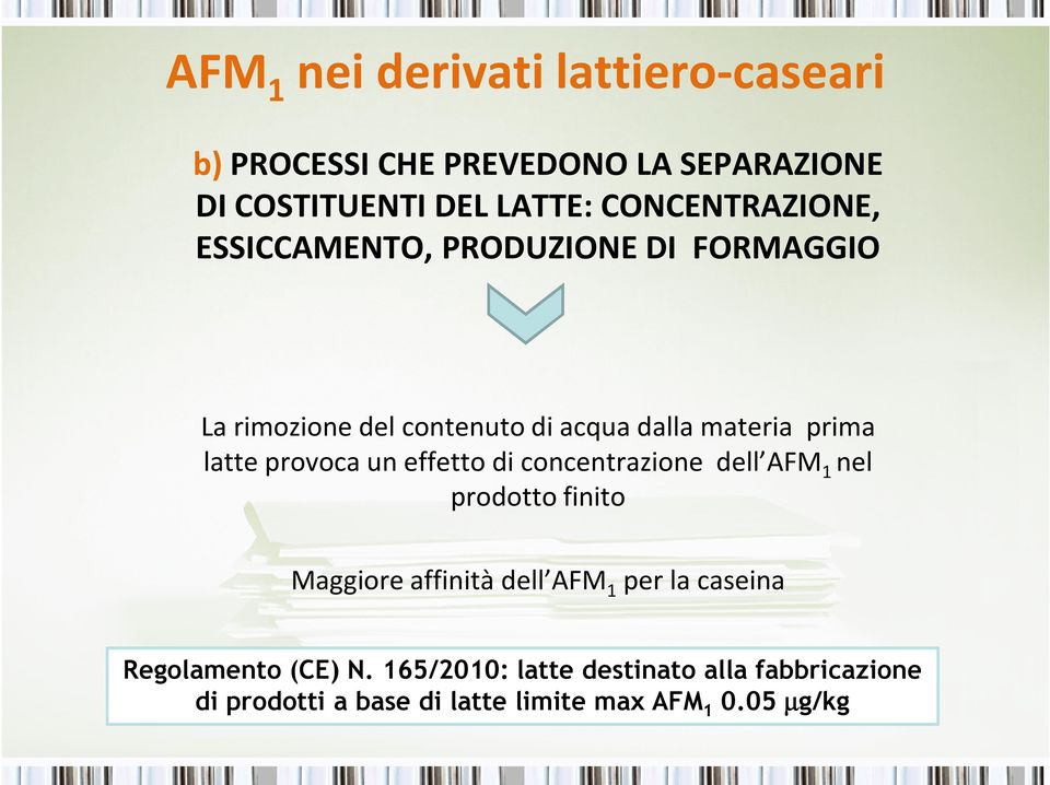 latte provoca un effetto di concentrazione dell AFM 1 nel prodotto finito Maggiore affinità dell AFM 1 per la