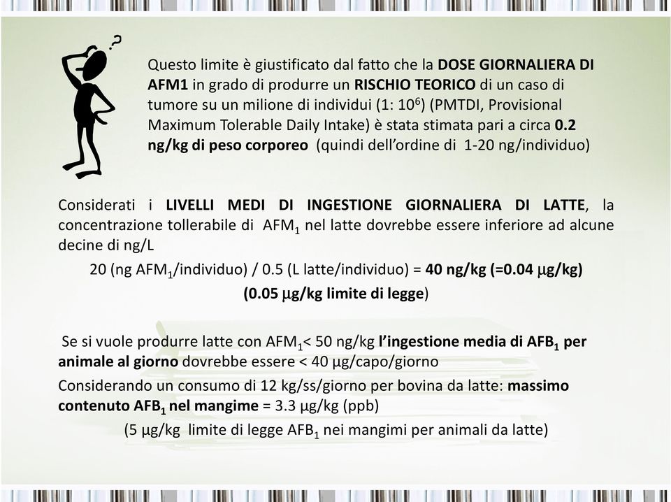 2 ng/kg di peso corporeo (quindi dell ordine di 1-20 ng/individuo) Considerati i LIVELLI MEDI DI INGESTIONE GIORNALIERA DI LATTE, la concentrazione tollerabile di AFM 1 nel latte dovrebbe essere