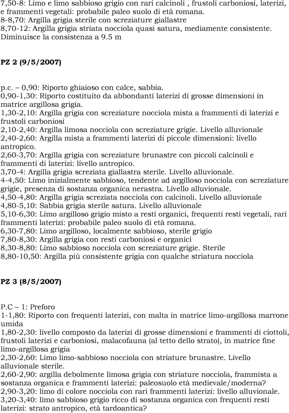 0,90-1,30: Riporto costituito da abbondanti laterizi di grosse dimensioni in matrice argillosa grigia.