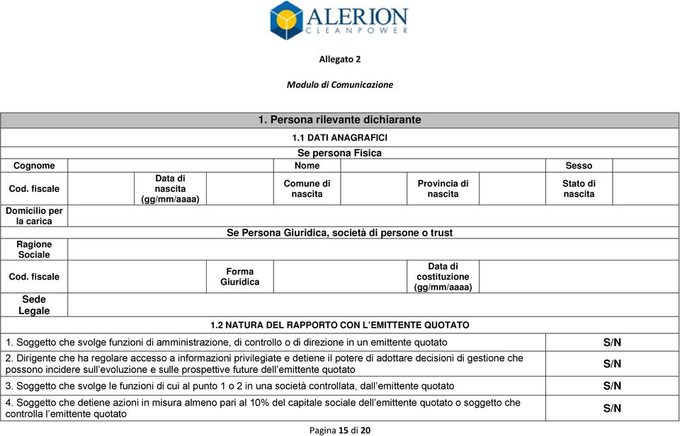 2 NATURA DEL RAPPORTO CON L EMITTENTE QUOTATO Stato di nascita 1. Soggetto che svolge funzioni di amministrazione, di controllo o di direzione in un emittente quotato S/N 2.