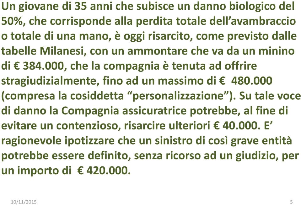 000, che la compagnia è tenuta ad offrire stragiudizialmente, fino ad un massimo di 480.000 (compresa la cosiddetta personalizzazione ).