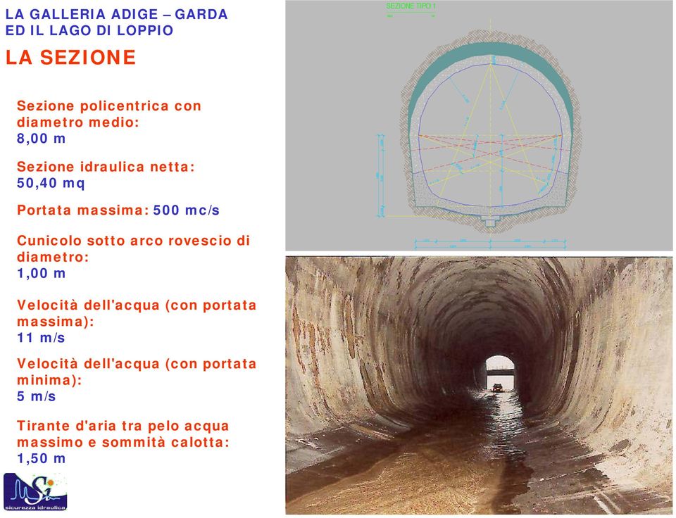 rovescio di diametro: 1,00 m Velocità dell'acqua (con portata massima): 11 m/s Velocità