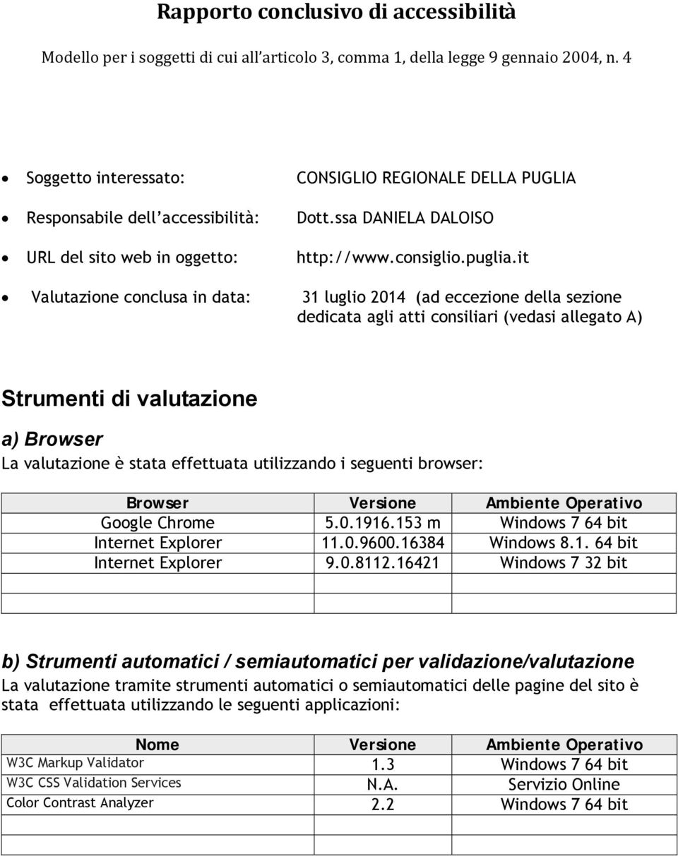 it Valutazione conclusa in data: 31 luglio 2014 (ad eccezione della sezione dedicata agli atti consiliari (vedasi allegato A) Strumenti di valutazione a) Browser La valutazione è stata effettuata