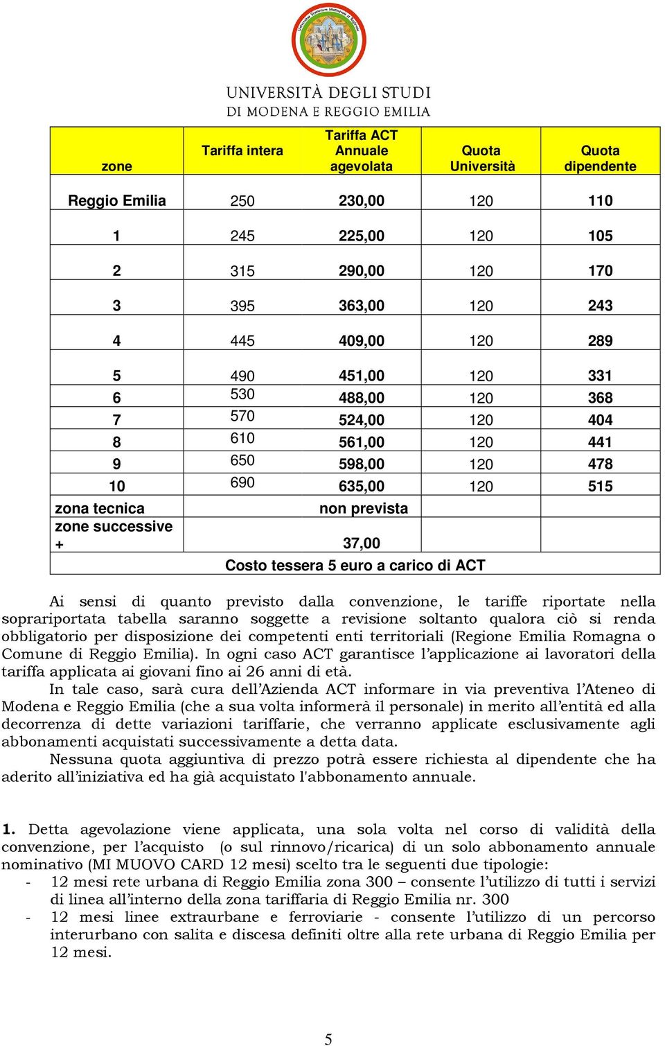 euro a carico di ACT Ai sensi di quanto previsto dalla convenzione, le tariffe riportate nella soprariportata tabella saranno soggette a revisione soltanto qualora ciò si renda obbligatorio per