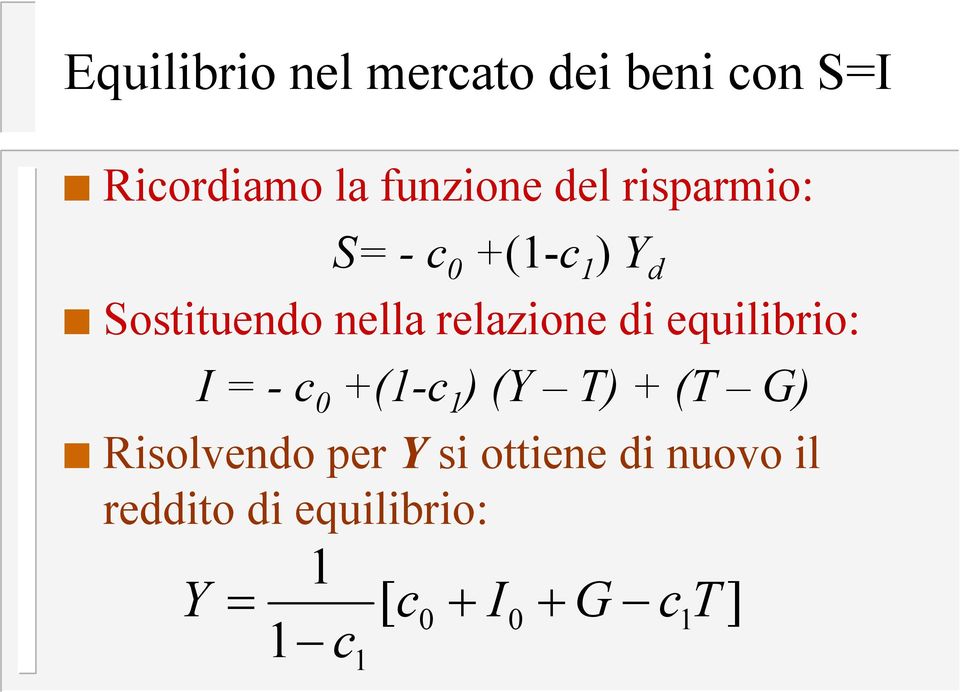 di equilibrio: I = - 0 +(- ) (Y T) + (T G) Risolvendo per Y