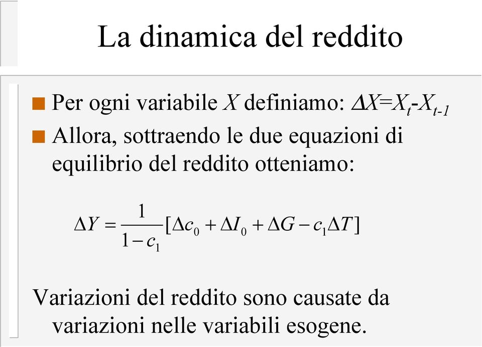 del reddito otteniamo: Y = [ 0 + I 0 + G T ] Variazioni