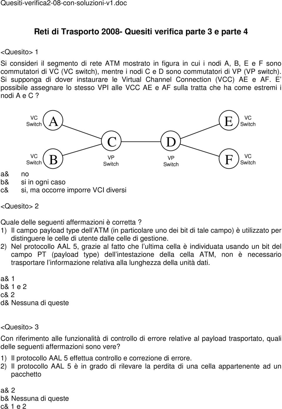 i nodi C e D sono commutatori di VP (VP switch). Si supponga di dover instaurare le Virtual Channel Connection (VCC) AE e AF.