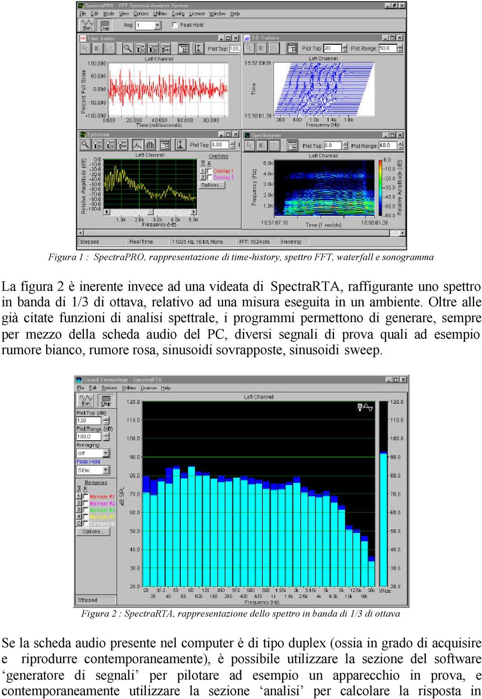 Oltre alle già citate funzioni di analisi spettrale, i programmi permettono di generare, sempre per mezzo della scheda audio del PC, diversi segnali di prova quali ad esempio rumore bianco, rumore