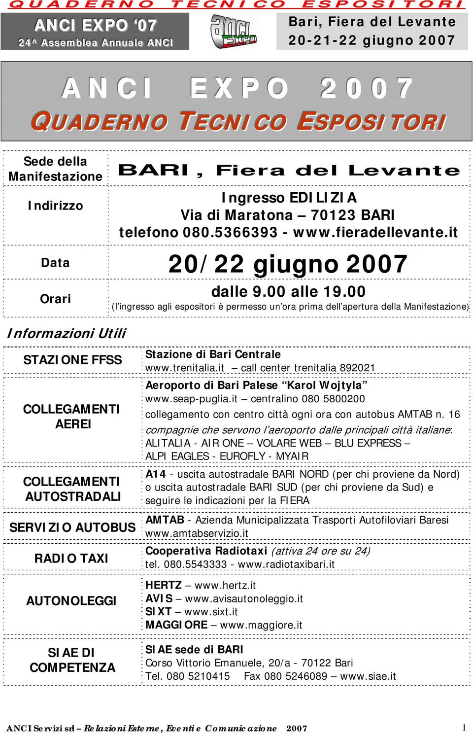 00 (l ingresso agli espositori è permesso un ora prima dell apertura della Manifestazione) Informazioni Utili STAZIONE FFSS COLLEGAMENTI AEREI COLLEGAMENTI AUTOSTRADALI SERVIZIO AUTOBUS RADIO TAXI