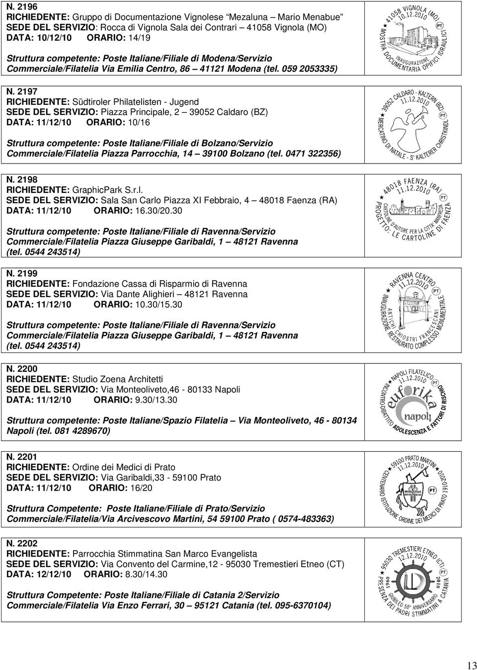 2197 RICHIEDENTE: Südtiroler Philatelisten - Jugend SEDE DEL SERVIZIO: Piazza Principale, 2 39052 Caldaro (BZ) DATA: 11/12/10 ORARIO: 10/16 Struttura competente: Poste Italiane/Filiale di