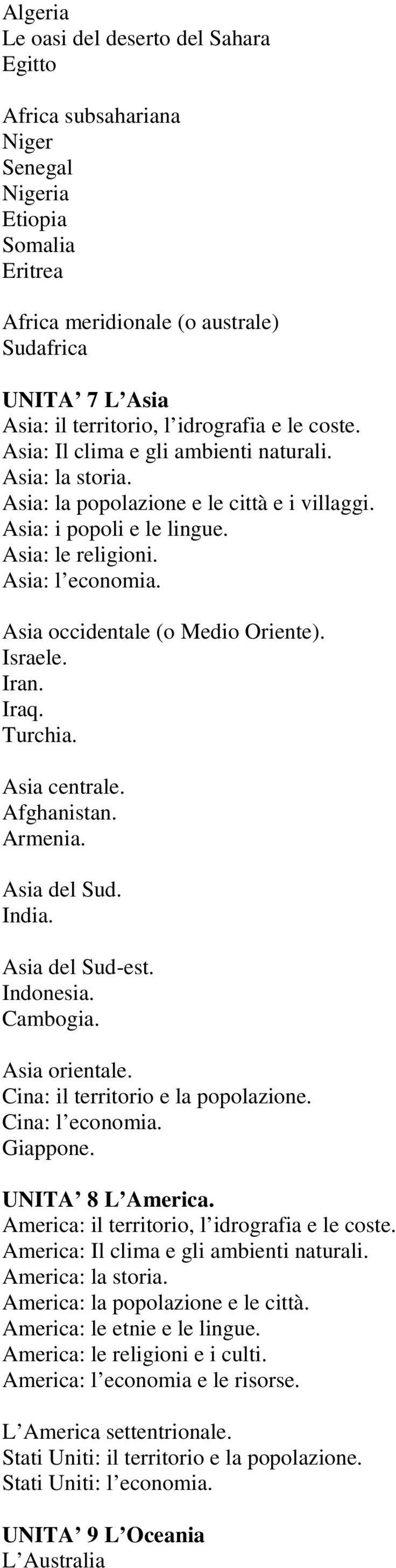 Asia occidentale (o Medio Oriente). Israele. Iran. Iraq. Turchia. Asia centrale. Afghanistan. Armenia. Asia del Sud. India. Asia del Sud-est. Indonesia. Cambogia. Asia orientale.