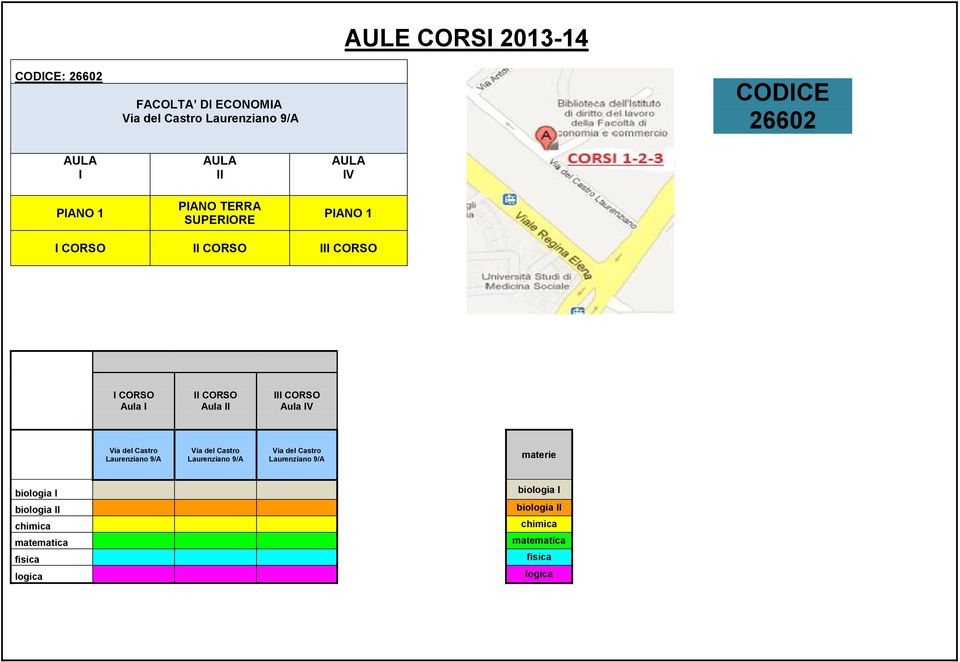 I II CORSO Aula II III CORSO Aula IV materie biologia I biologia II chimica