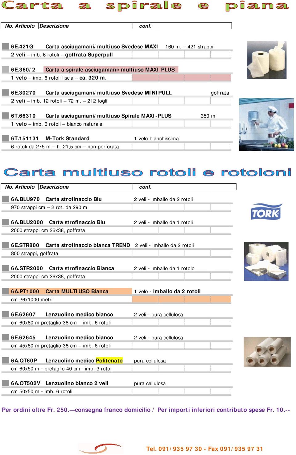 6 rotoli bianco naturale 6T.151131 M-Tork Standard 1 velo bianchissima 6 rotoli da 275 m h. 21,5 cm non perforata 6A.BLU970 Carta strofinaccio Blu 2 veli - imballo da 2 rotoli 970 strappi cm 2 rot.