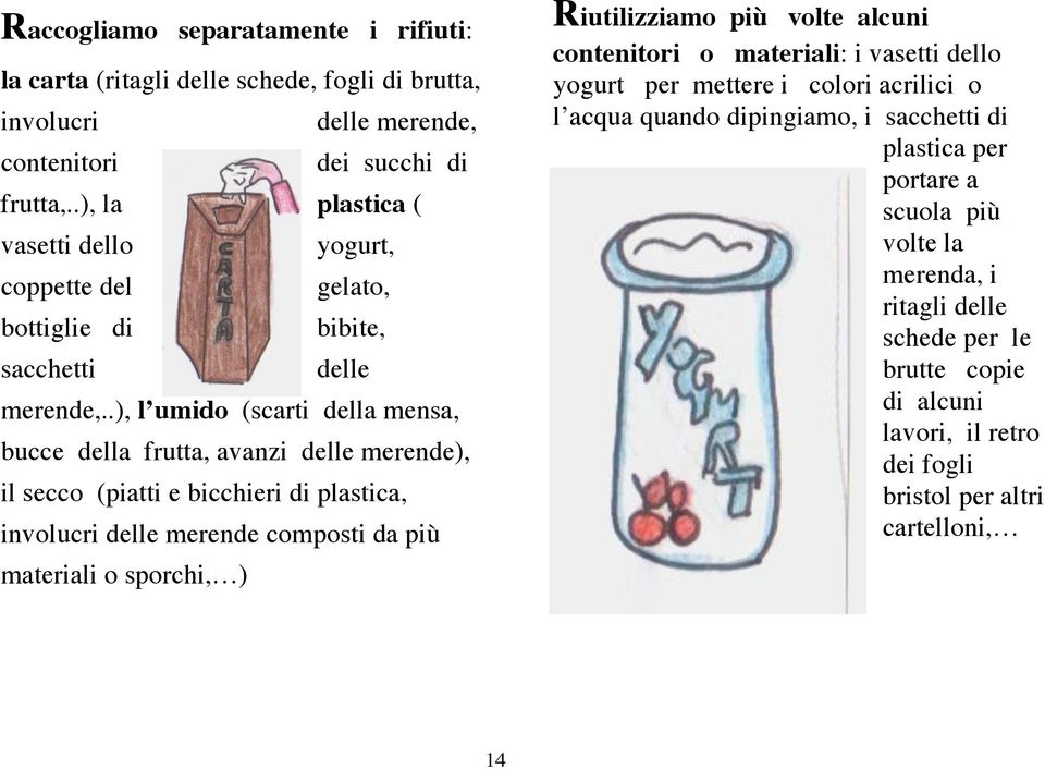 .), l umido (scarti della mensa, bucce della frutta, avanzi delle merende), il secco (piatti e bicchieri di plastica, involucri delle merende composti da più materiali o sporchi, )