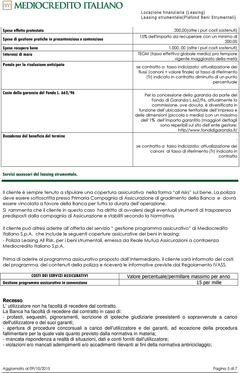 000, 00 (oltre i puri costi sostenuti) TEGM (tasso effettivo globale medio) pro tempore vigente maggiorato della metà se contratto a tasso indicizzato: attualizzazione dei flussi (canoni + valore