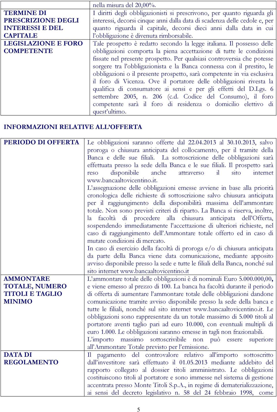 data in cui l obbligazione è divenuta rimborsabile. Tale prospetto è redatto secondo la legge italiana.