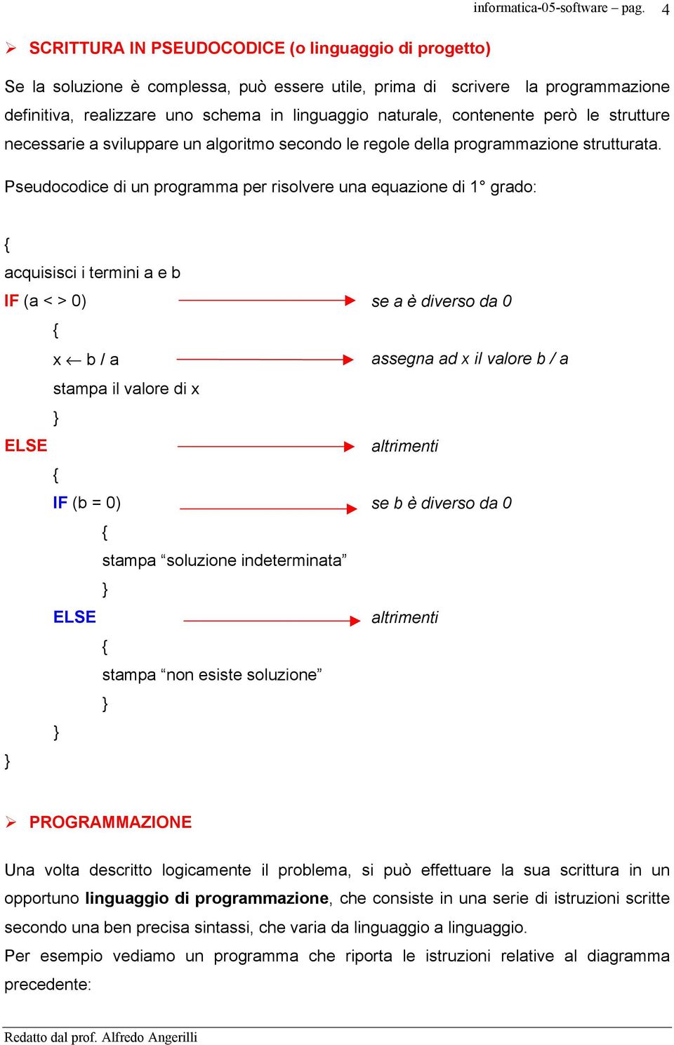 Pseudocodice di un programma per risolvere una equazione di 1 grado: acquisisci i termini a e b IF (a < > 0) se a è diverso da 0 x b / a assegna ad x il valore b / a stampa il valore di x ELSE