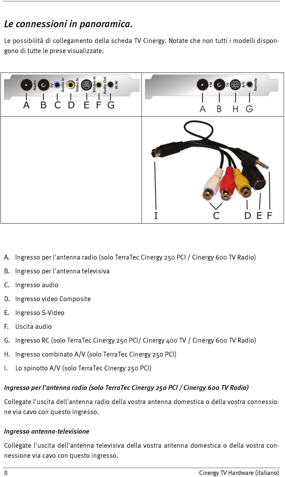 Uscita audio G. Ingresso RC (solo TerraTec Cinergy 250 PCI/ Cinergy 400 TV / Cinergy 600 TV Radio) H. Ingresso combinato A/V (solo TerraTec Cinergy 250 PCI) I.