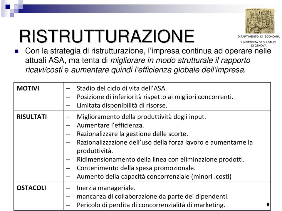 impresa. MOTIVI Stadio del ciclo di vita dell ASA. Posizione di inferiorità rispetto ai migliori concorrenti. Limitata disponibilità di risorse. RISULTATI Miglioramento della produttività degli input.