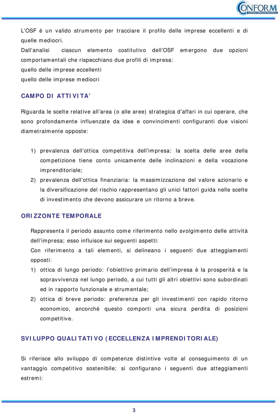 ATTIVITA Riguarda le scelte relative all area (o alle aree) strategica d affari in cui operare, che sono profondamente influenzate da idee e convincimenti configuranti due visioni diametralmente