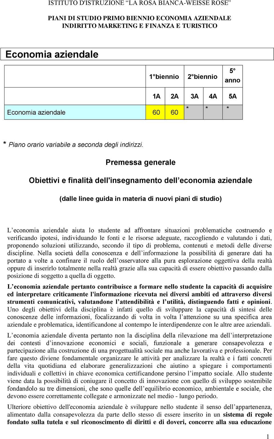 Premessa generale Obiettivi e finalità dell'insegnamento dell economia aziendale (dalle linee guida in materia di nuovi piani di studio) L economia aziendale aiuta lo studente ad affrontare