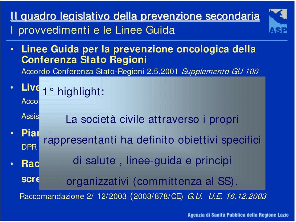 100 Livelli Essenziali di Assistenza 1 highlight: Accordo Conferenza Stato-Regioni 29.11.2001 Livelli Essenziali di Assistenza S.O. G.U.