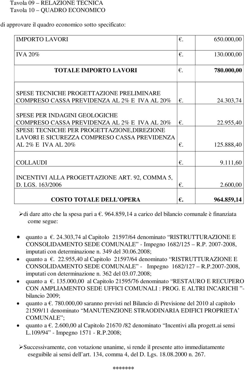 955,40 SPESE TECNICHE PER PROGETTAZIONE,DIREZIONE LAVORI E SICUREZZA COMPRESO CASSA PREVIDENZA AL 2% E IVA AL 20%. 125.888,40 COLLAUDI. 9.111,60 INCENTIVI ALLA PROGETTAZIONE ART. 92, COMMA 5, D. LGS.