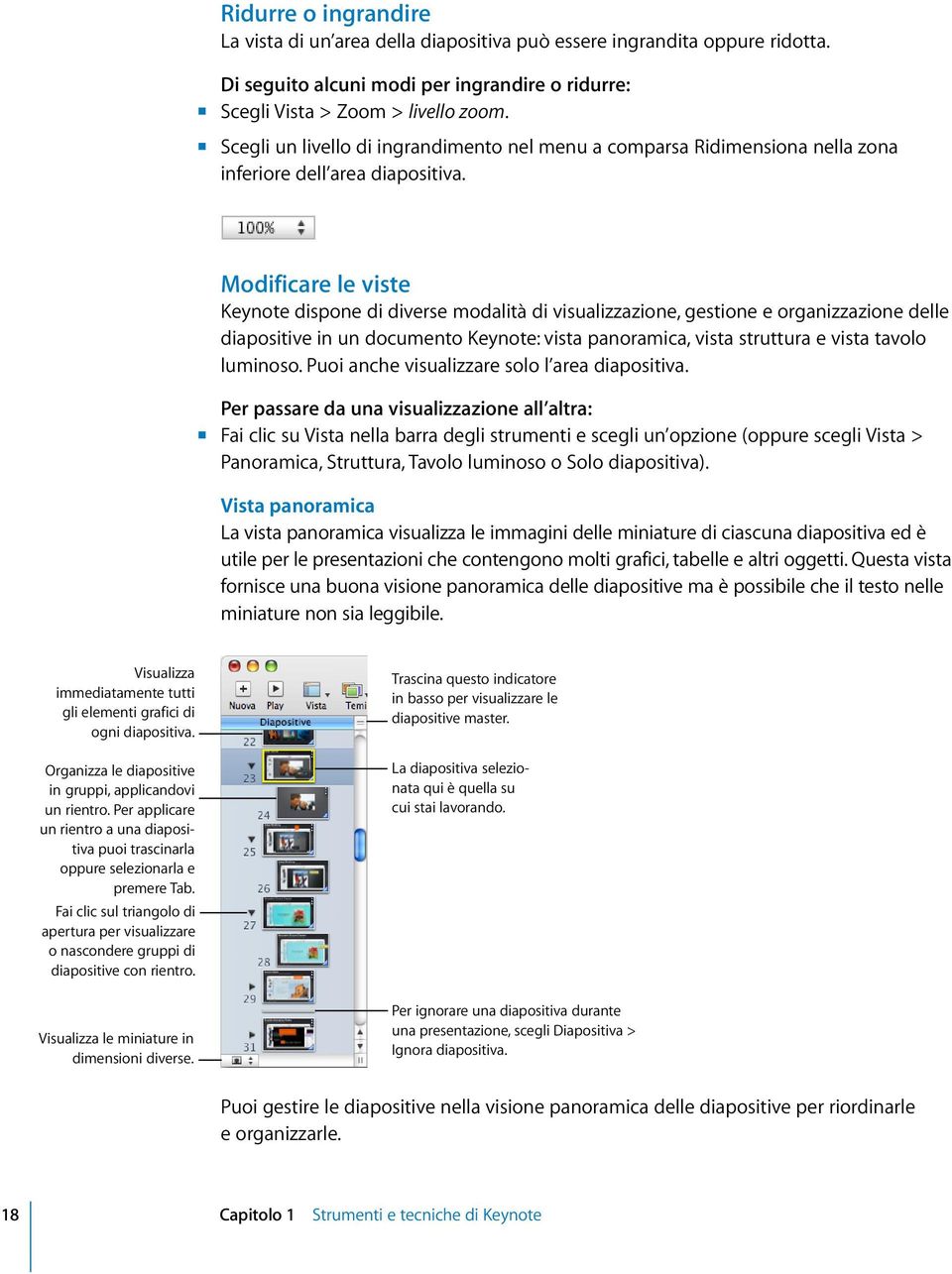 Modificare le viste Keynote dispone di diverse modalità di visualizzazione, gestione e organizzazione delle diapositive in un documento Keynote: vista panoramica, vista struttura e vista tavolo